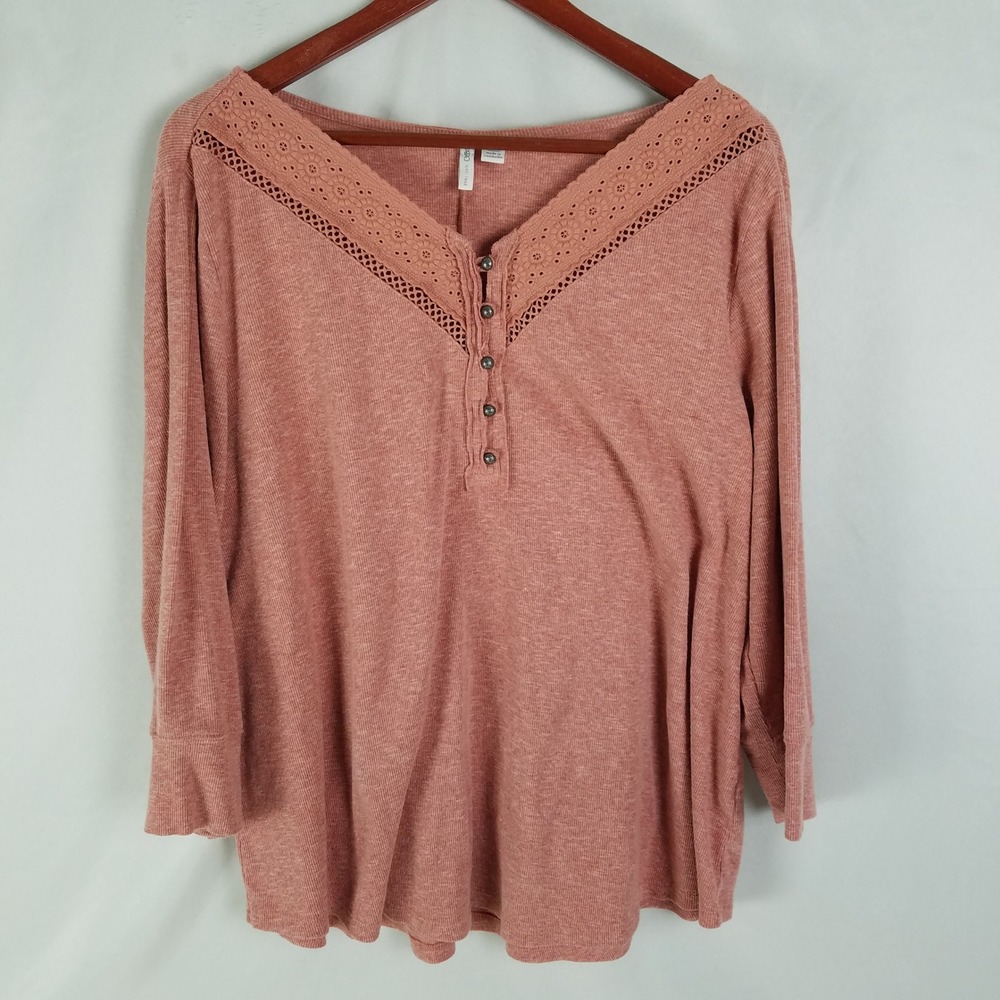 Cato Womens Shirt Plus 18 / 20W Long Sleeve Henley Lace V Neck Top Rose Pink
